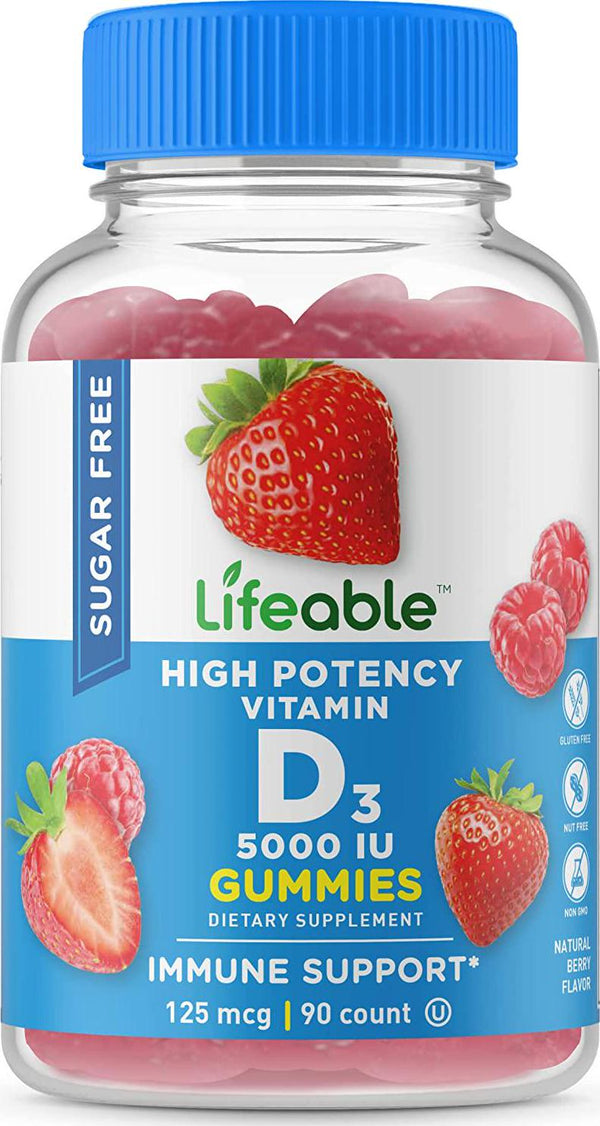 Lifeable Sugar Free Vitamin D 5000 IU Great Tasting Natural Flavor Gummy Supplement Gluten Free Vegetarian GMO-Free Chewable for Immune Support for Adults, Men, Women 90 Gummies