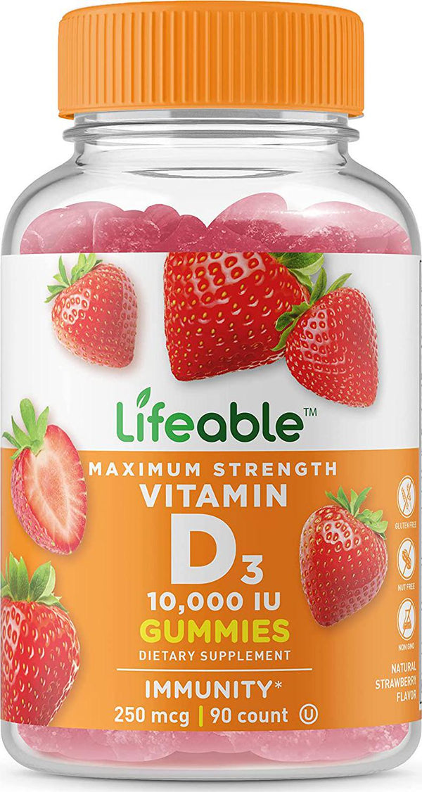 Lifeable Vitamin D 10,000 IU Great Tasting Natural Flavor Gummy Supplement Gluten Free Vegetarian GMO-Free Chewable for Strong and Healthy Bones for Adults, Man, Women 90 Gummies