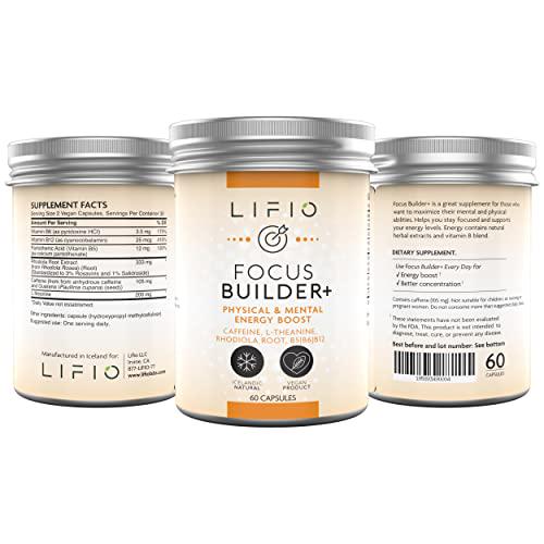 Lifio Focus Builder+ | Rhodiola Root Extract, Caffeine, L-Theanine and Vitamin B for Smooth Energy | No Jitters and No Crash | Vegan, Non-GMO Gluten Free | 60 Capsules