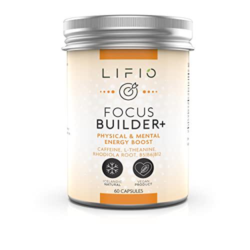 Lifio Focus Builder+ | Rhodiola Root Extract, Caffeine, L-Theanine and Vitamin B for Smooth Energy | No Jitters and No Crash | Vegan, Non-GMO Gluten Free | 60 Capsules