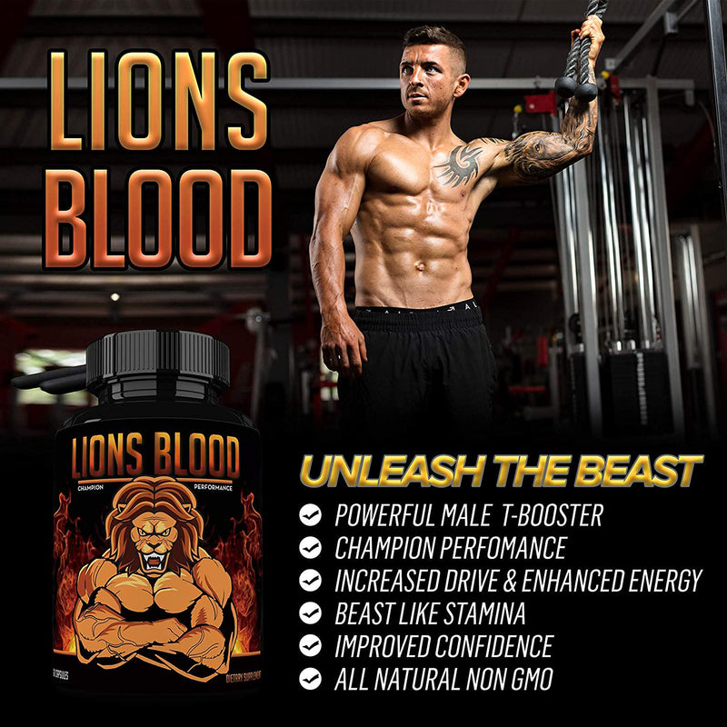 Lions Blood Male Testosterone Booster [10X Strength] Increase Size, Stamina, Strength, and Drive Fast Acting and All Natural Enhancing Supplement Max Dose for 1 Month Supply Made in USA (60 Pcs)