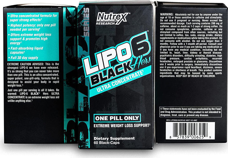 Lipo-6 Black Hers Ultra Concentrate | Weight Loss Pills for Women | Fat Burner, Appetite Suppressant, Metabolism Booster for Weight Loss + Hair, Skin, and Nails Support | 60 Diet Pills
