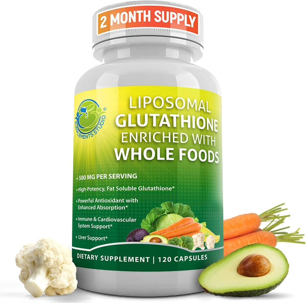 Liposomal Glutathione 500mg - Reduced Glutathione Supplement with Organic Whole Foods for Enhanced Absorption - Master Antioxidant and Detoxifier - Immune and Cardiovascular Support - 2 Month Supply