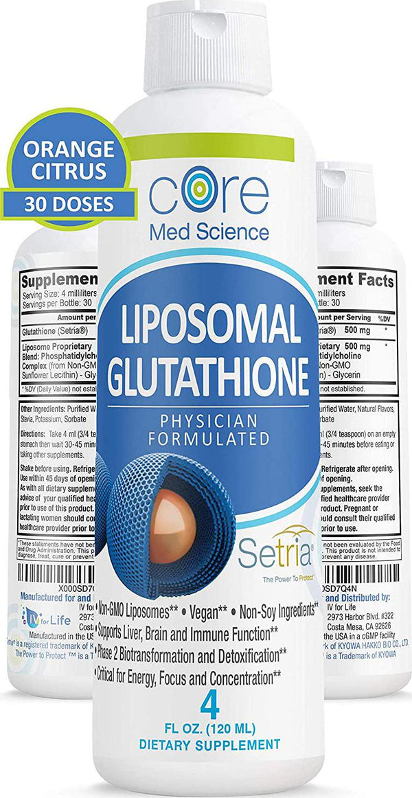 Liposomal Glutathione Liquid - Pure Reduced Glutathione Setria 500mg/dose, 30 doses - Liver Detox, Brain Function - Vegan Soy-Free Non-GMO, Citrus Flavored - IV For Life