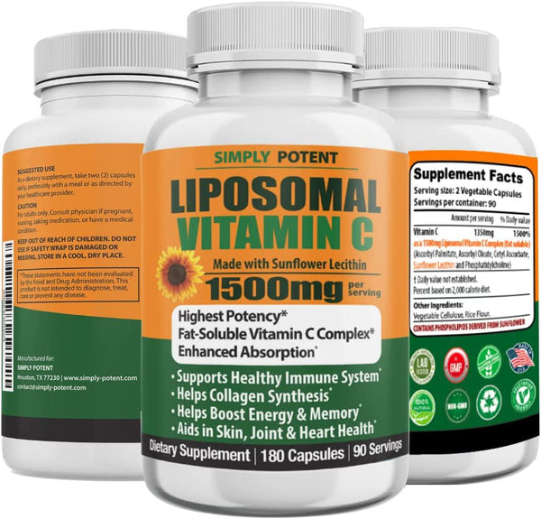 Liposomal Vitamin C 1500mg 180 Capsule 90 Serving Non-GMO Vitamin C Natural Vegan High Absorption and Bioavailable Vitamin C High Dose Fat Soluble Antioxidant for Immune System, Collagen, Skin and Heart