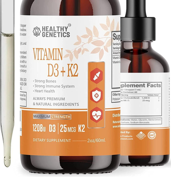 Liquid Vitamin D3 K2 Plus Vitamin K2 MK-7 as Fast Absorb Organic Vitamin D Liquid Drops - VIT D3 K2 MK7 Max Strength Vitamin D K2 Liquid Drops -Supports Bones, Immune, Heart Health and Boost Energy 2oz