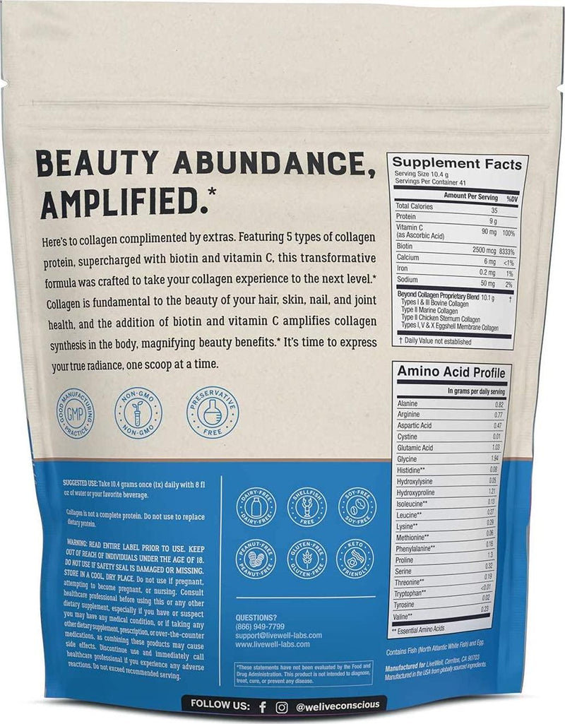 Live Conscious Beyond Collagen Multi Collagen Powder - Types I, II, III, V and X | Keto Friendly, Hydrolyzed Blend with Biotin and Vitamin C | Live Conscious - 41 Servings