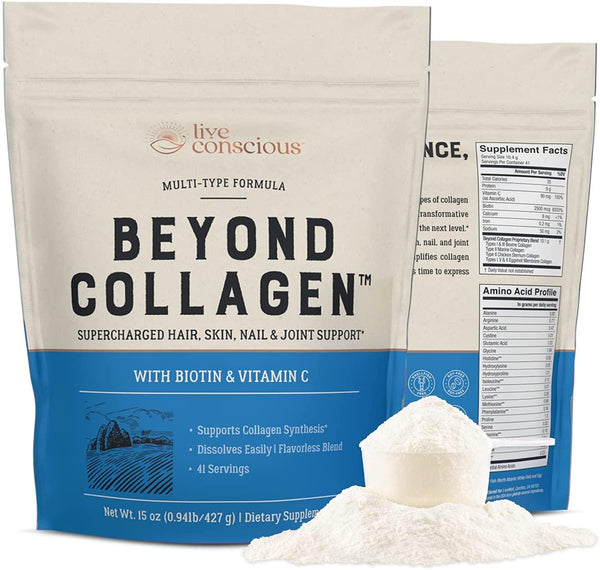 Live Conscious Beyond Collagen Multi Collagen Powder - Types I, II, III, V and X | Keto Friendly, Hydrolyzed Blend with Biotin and Vitamin C | Live Conscious - 41 Servings