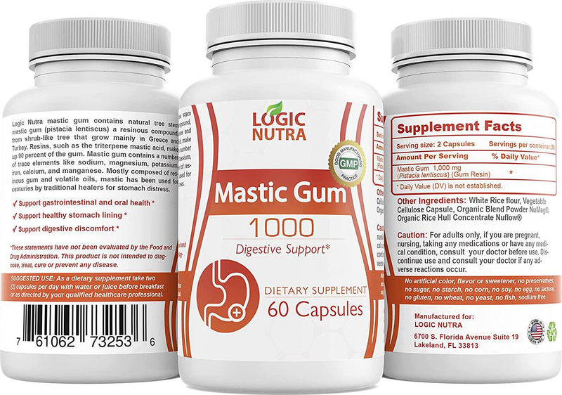 Mastic Gum 1000 mg Supplement - Supports Gastrointestinal Health, Digestive  System and Cardiovascular Health - 120 Count