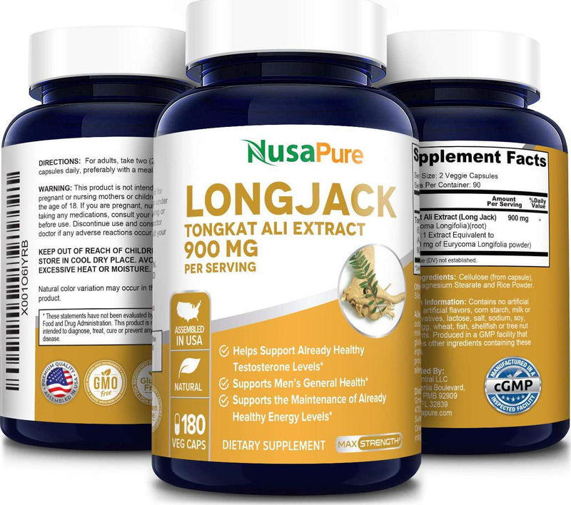 Longjack Tongkat Ali 900mg 180 Veggie Caps (Non-GMO and Gluten Free) - Natural Testosterone Booster, Increase Physical Endurance