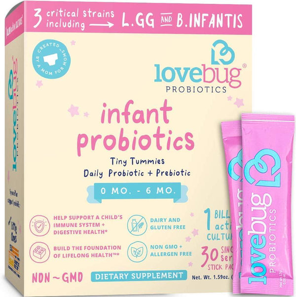 Lovebug Tiny Tummies Probiotic, 30 Packets, Infant and Baby probiotics Support for Babies 0-6 Months Old, Oral Probiotics Kids - Helps Reduce Crying and Fussiness