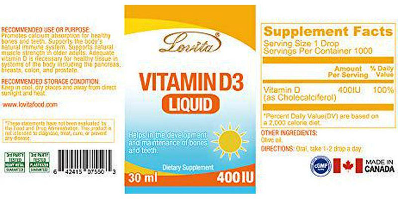 Lovita Vegan Vitamin D3 Liquid, 400IU per Drop, 30ml, 1000 Servings