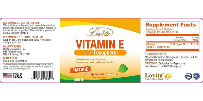 Lovita Vitamin E 400 IU Softgels, Natural Vitamin E 268 mg (as D Alpha Tocopherol), Vegan Vitamin E for Healthy Skin, Hair, Nails and Immune System Support, 60 Vegetarian Softgels (Pack of 3)
