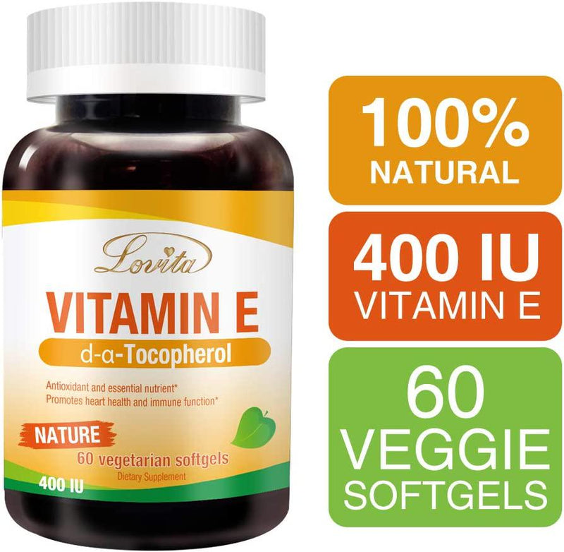 Lovita Vitamin E 400 IU Softgels, Natural Vitamin E 268 mg (as D Alpha Tocopherol), Vegan Vitamin E for Healthy Skin, Hair, Nails and Immune System Support, 60 Vegetarian Softgels (Pack of 3)