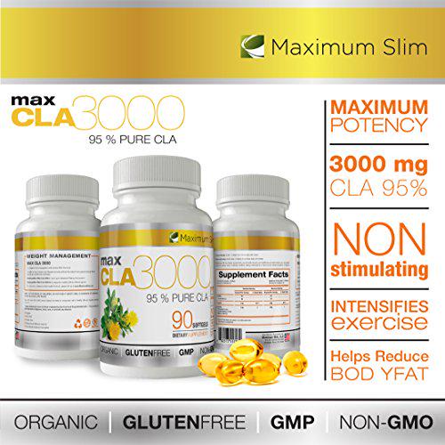 MAX CLA 3000, High Potency, Natural Weight Loss Exercise Enhancement, Increase Lean Muscle Mass, Non-Stimulating, Non-GMO 95% Pure CLA, 90 Count