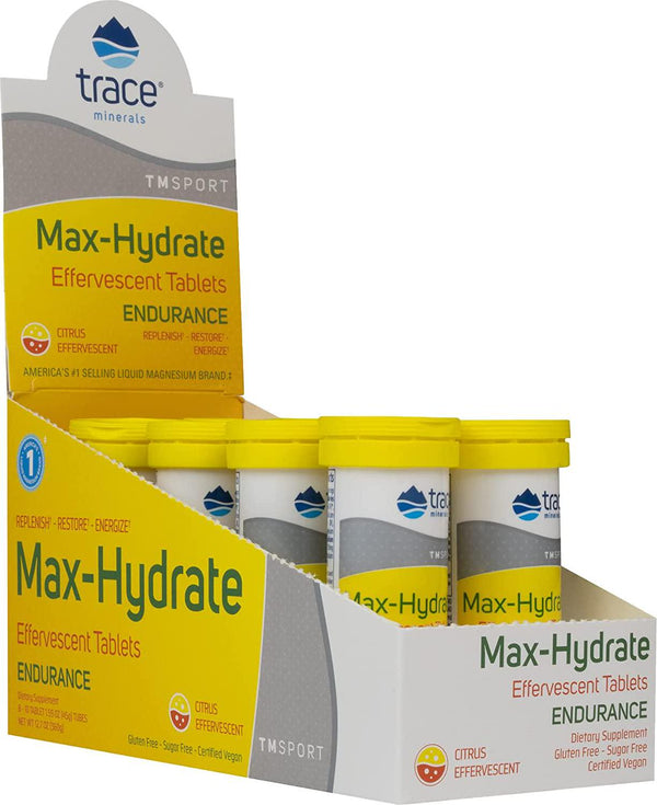 MAX-Hydrate Endurance, 8 Tubes of 10 Tablets, HIGH Performance Electrolyte FIZZING (Citrus Flavor) May Reduce Cramps, and Increase Energy | Magnesium, Sodium, Potassium, On the Go Non GMO, Gluten Free