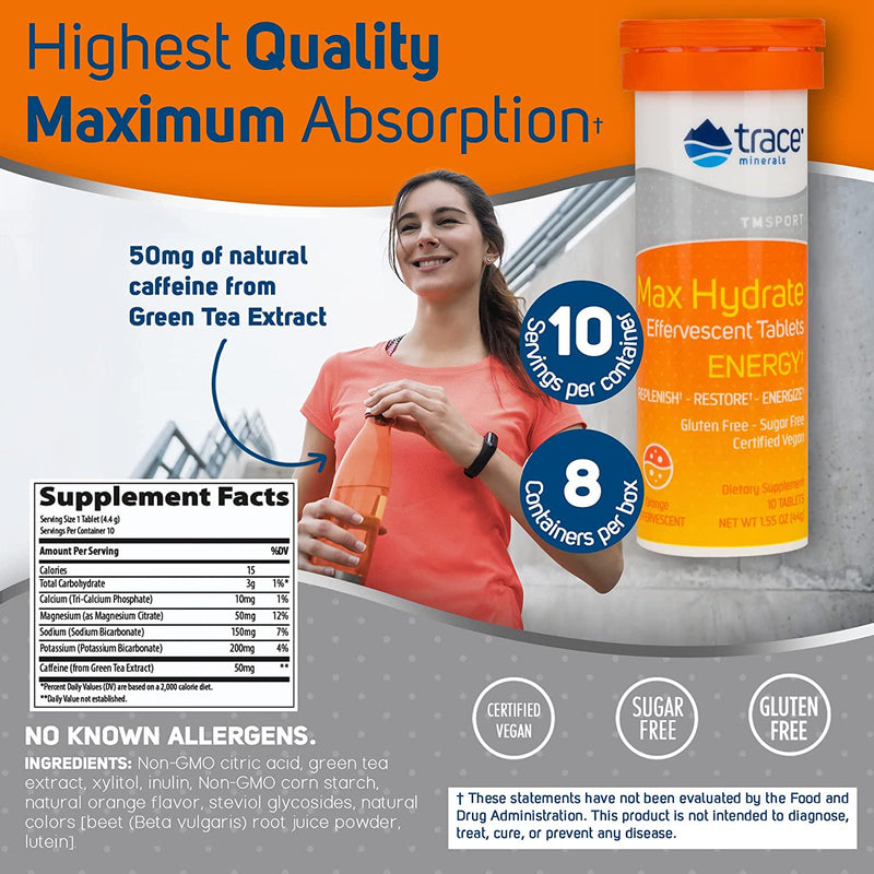 MAX-Hydrate Energy, 8 Tubes of 10 Tablets, HIGH Performance Electrolyte FIZZING (Orange Flavor) May Reduce Cramps and Increase Energy | 50mg Caffeine, Sodium, Potassium, On the Go, Non GMO Gluten Free