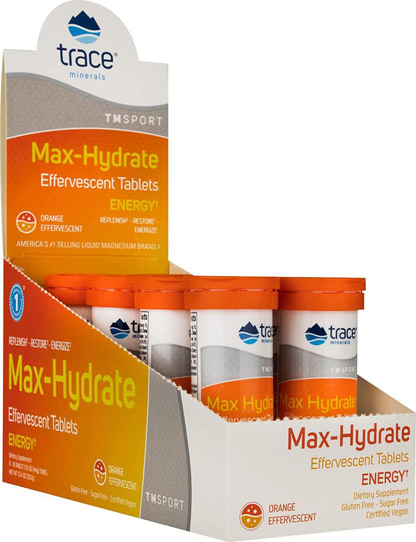 MAX-Hydrate Energy, 8 Tubes of 10 Tablets, HIGH Performance Electrolyte FIZZING (Orange Flavor) May Reduce Cramps and Increase Energy | 50mg Caffeine, Sodium, Potassium, On the Go, Non GMO Gluten Free