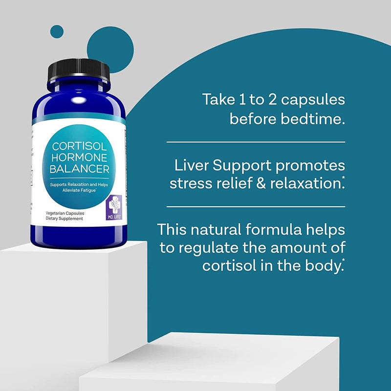 MD. Life Cortisol Hormone Balancer Stress Relief, Sleep and Cortisol Support - 90 Vegan Capsules - Adrenal Support Supplement - with Ashwagandha Powder and Phosphatidylserine - Balanced Cortisol Response