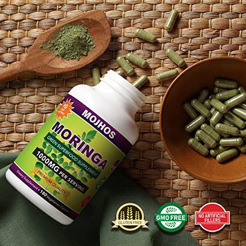 MOJHOS MORINGA CAPSULES Organic Pure and Premium Moringa Oleifera-Green Powder Super Food- Improves Heart Health and Overall Well Being