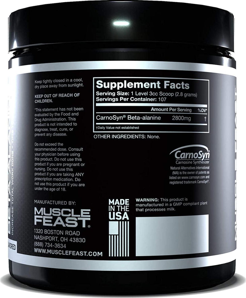 MUSCLE FEAST Beta Alanine Powder, Pure CarnoSyn, Unflavored, Keto, Increase Athletic Endurance and Recovery, Gluten Free, Non-GMO, 107 Servings