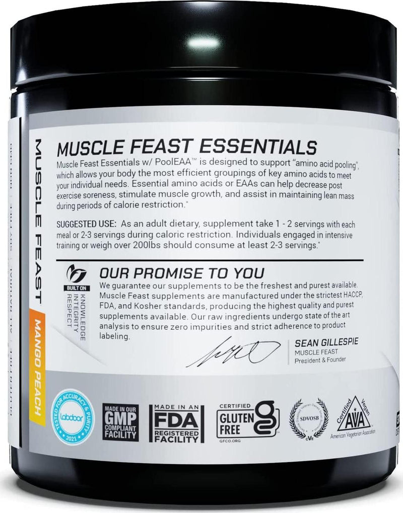 MUSCLE FEAST Essential Amino Acid Powder, Keto Friendly, Sugar Free, Post Workout Recovery and Intra-Training Drink (300 Gram, Peach Mango)