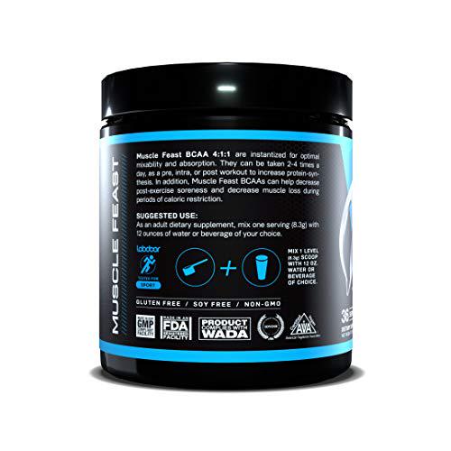 MUSCLE FEAST Vegan BCAA Powder 4:1:1 Ratio, Keto Friendly, Sugar Free, Post Workout Recovery, 36 Servings (300 Gram, Blue Ice Pop)