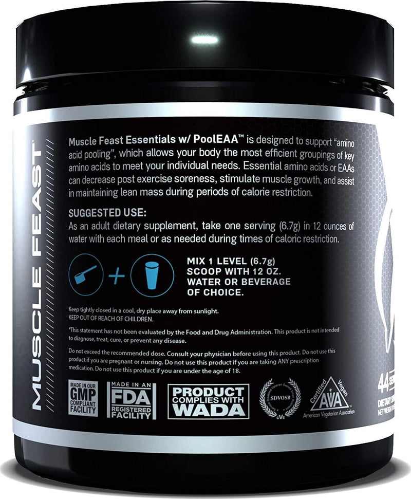 MUSCLE FEAST Vegan Essential Amino Acid Powder, Keto Friendly, Sugar Free, Post Workout Recovery and Intra-Training Drink (300 Gram, Unflavored)