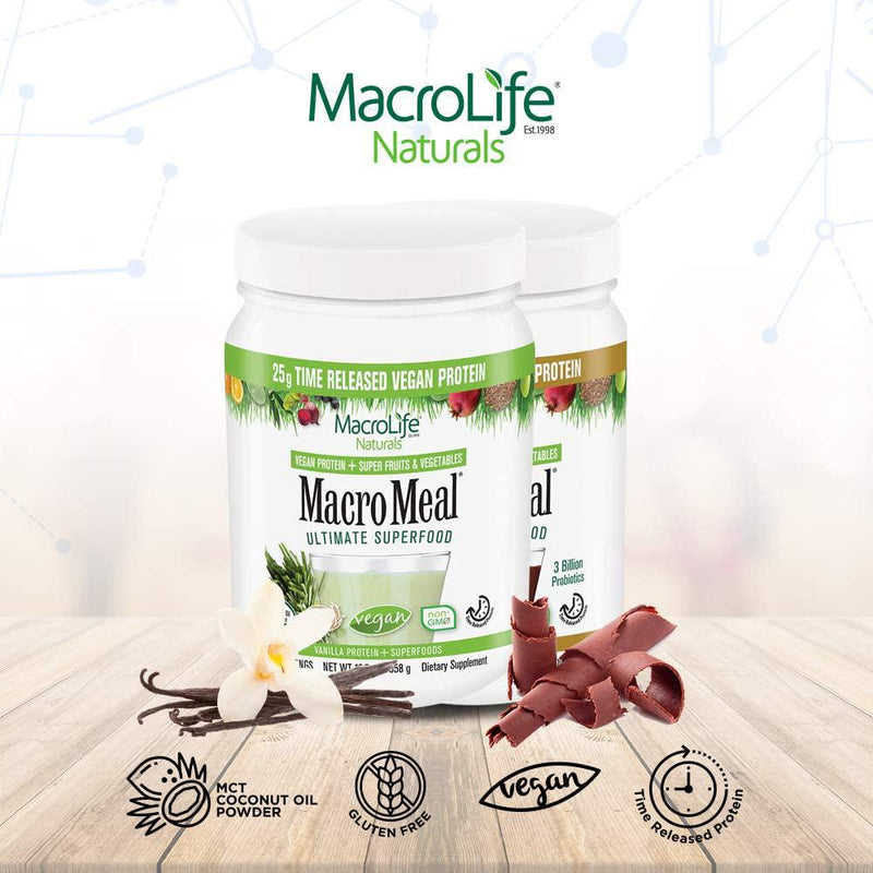 MacroLife Naturals MacroMeal Vegan Chocolate Superfood Supplement Powder Protein + Greens, Probiotics, Digestive Enzymes, Fiber - Energy, Detox, Immune - Non-GMO, Gluten-Free - 21.7oz (15 Servings)