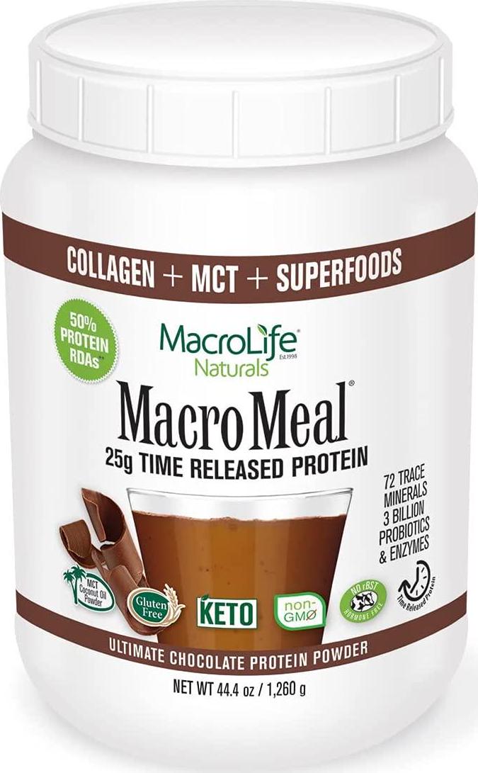 MacroLife Naturals MacroMeal Omni Chocolate Superfood Supplement Powder Protein + Greens, Probiotics, Digestive Enzymes, Fiber - Energy, Detox, Immune - Non-GMO, Gluten-Free - 44oz (28 Servings)