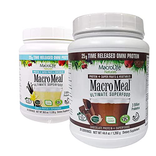 MacroMeal Omni Superfood Powder to The People Bundle - Time-Release Protein Blend, Greens, Digestive Enzymes, Fiber, Energy, 1 Chocolate x 39.5oz (28 Servings) + 1 Vanilla x 39.5oz (28 Servings)