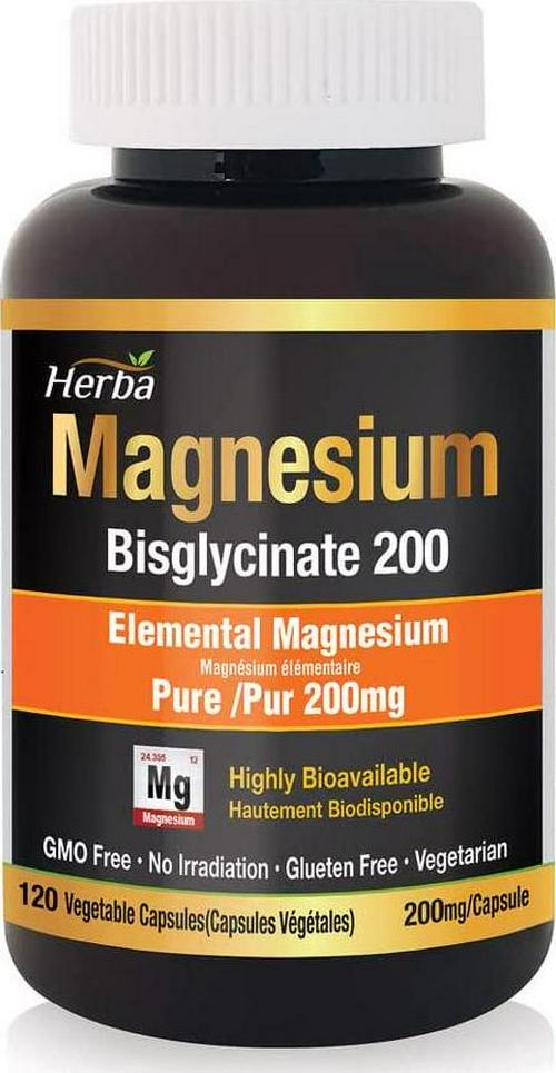 Magnesium Bisglycinate 200 - Herba - 120 Vegetable Capsules - Highly Bioavailable - GMO Free - No Irradiation - Gluten Free - Vegetarian