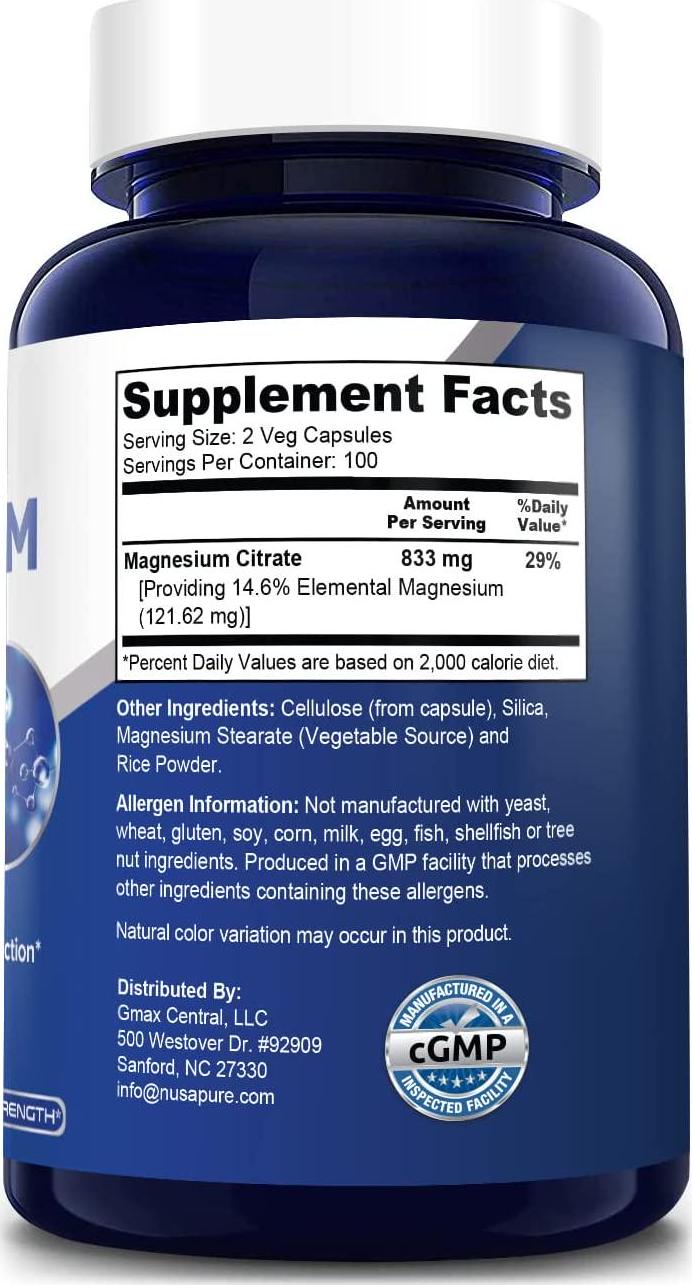 Magnesium Citrate 833mg Supplement - 200 Veggie Capsules (Vegetarian, Non-GMO and Gluten Free) Max Strength - Support Function of Muscles, Heart and Bones, Energy, Helps Calm Nerves