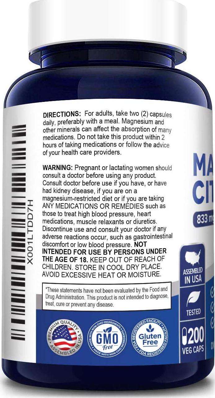 Magnesium Citrate 833mg Supplement - 200 Veggie Capsules (Vegetarian, Non-GMO and Gluten Free) Max Strength - Support Function of Muscles, Heart and Bones, Energy, Helps Calm Nerves