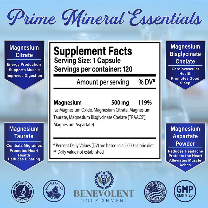 Magnesium Complex 500mg - Magnesium Citrate, Oxide, Taurate, Bisglycinate Chelate TRAACS - Max Absorption Supplement for Sleep, Leg Cramps, Muscle Relaxation, Headaches - 120 Vegan, Non-GMO Capsules