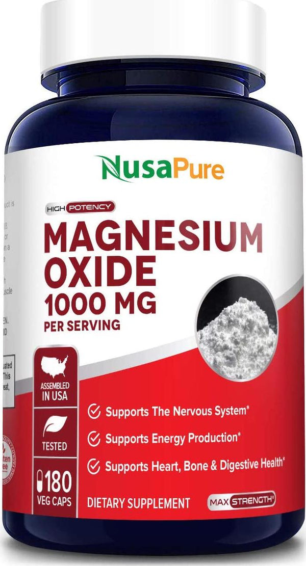 Magnesium Oxide High Potency 1000mg 180 Veggie Caps (Non-GMO and Gluten Free) Supports Energy Production and Nervous System