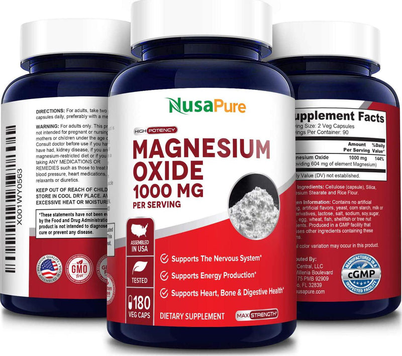 Magnesium Oxide High Potency 1000mg 180 Veggie Caps (Non-GMO and Gluten Free) Supports Energy Production and Nervous System