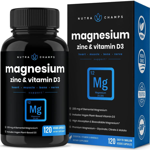 Magnesium Zinc and Vitamin D3 Supplement - Most Bioavailable Forms; Mag Glycinate, Malate, Citrate - Bone, Muscle and Heart Health, Immune System Support - 120 Vegan Capsules