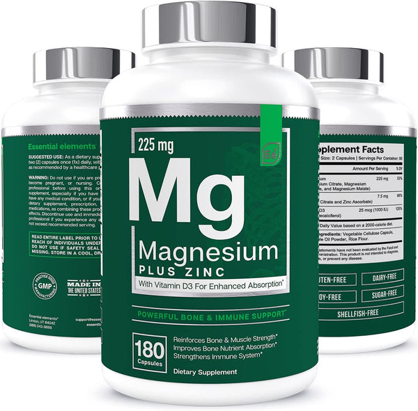 Magnesium + Zinc with Vitamin D3 by Essential Elements - Immune and Bone Support | Magnesium Glycinate, Citrate, Malate - Highly Bioavailable - 3 Month Supply