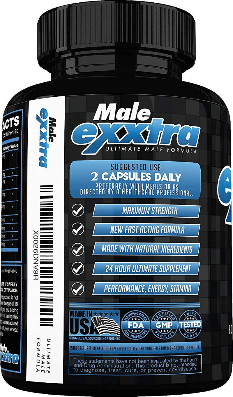 Male Exxtra Ultimate Pills - Testosterone Booster for Men - Formula Promotes Size, Strength, Energy. All Natural Performance Supplement - 1 Month Supply - Made in USA