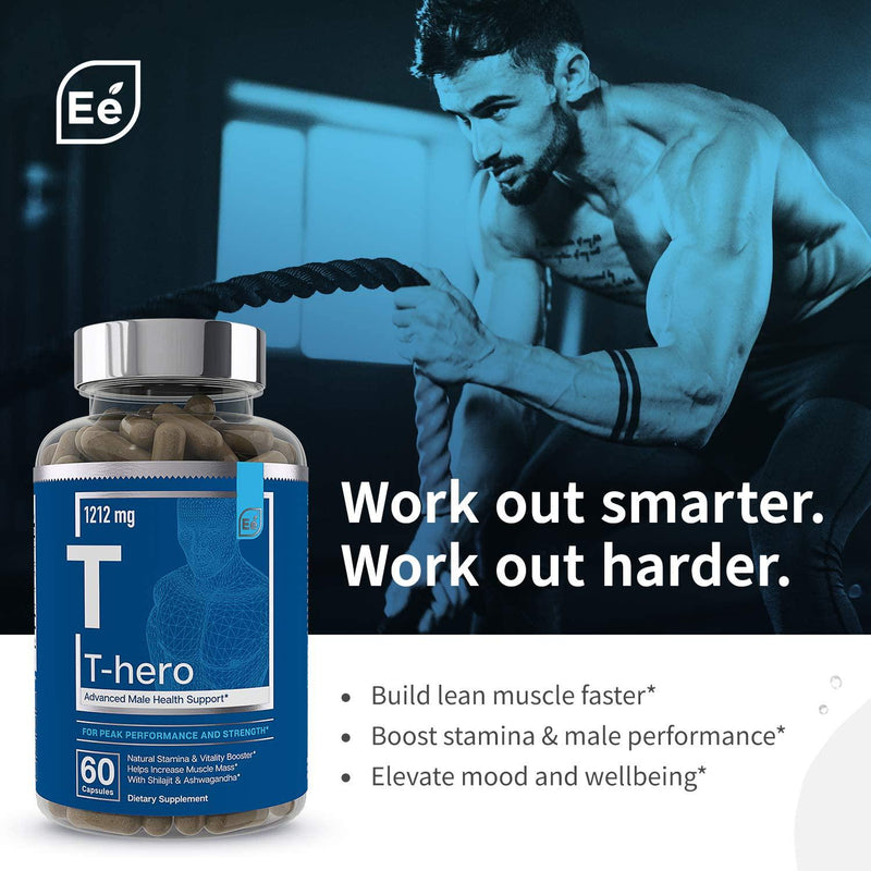 Male Health Supplement - Muscle Builder and T-Promoter with DIM, Ashwagandha, Shilajit, More | T-Hero by Essential Elements - 60 Vegan Capsules (2-Pack)