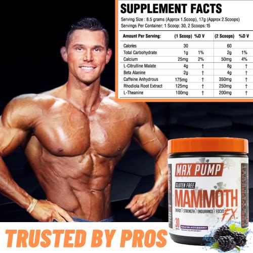 Mammoth Labs Pump Pre Workout- 30 Servings | Explosive Energy and Focus with Nitric Oxide Boosters- Build Muscle and Increase Endurance| Sugar Free, Natural Gluten Free Energy for Men and Women
