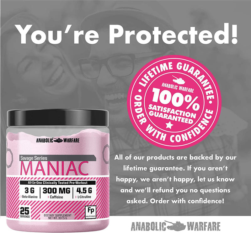 Maniac Pre-workout Powder by Anabolic Warfare Pre-workout Mix to Boost Focus and Energy with Caffeine, Beta Alanine, Lions Mane Mushroom , L Citrulline Powder and Creatine* (Fruit Punch - 25 Servings)