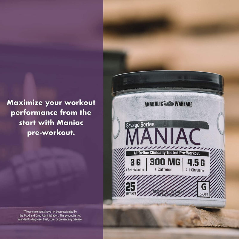 Maniac Pre-workout Powder by Anabolic Warfare Pre-workout Mix to Boost Focus and Energy with Caffeine, Beta Alanine, Lions Mane Mushroom, L Citrulline Powder and Creatine* (Grape - 25 Servings)