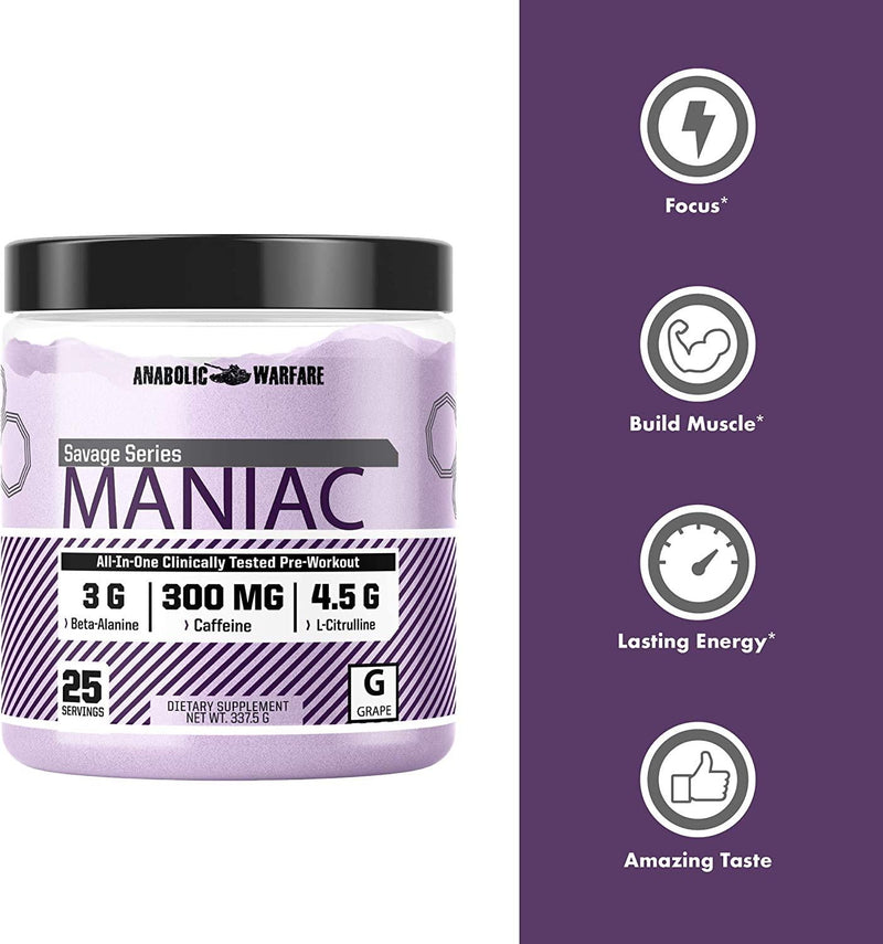 Maniac Pre-workout Powder by Anabolic Warfare Pre-workout Mix to Boost Focus and Energy with Caffeine, Beta Alanine, Lions Mane Mushroom, L Citrulline Powder and Creatine* (Grape - 25 Servings)