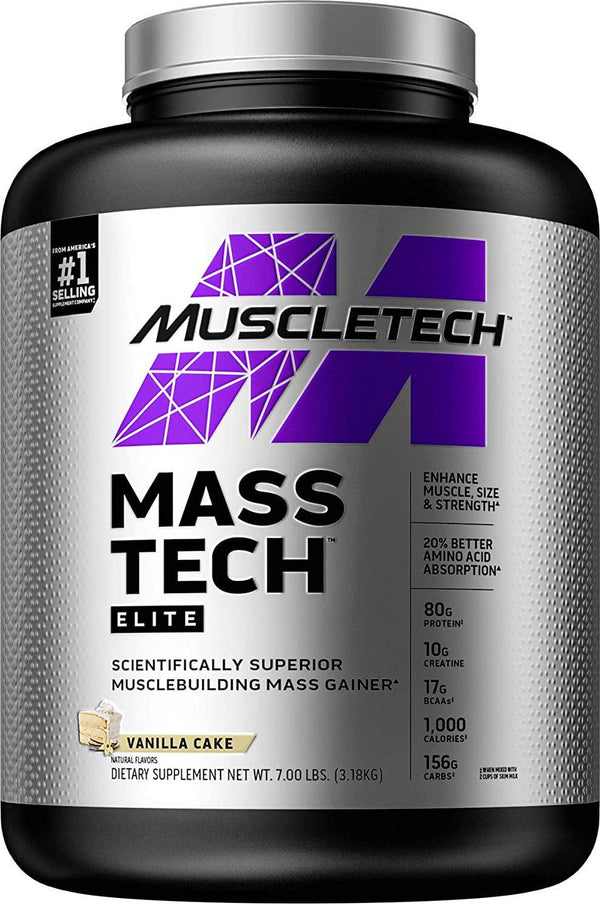 Mass Gainer Protein Powder, MuscleTech Mass-Tech Elite Weight Gainer, Max Protein Weight Gainer, Muscle Gainer Protein Powder for Men and Women, Creatine Supplements, Vanilla Cake, 3.18 kg