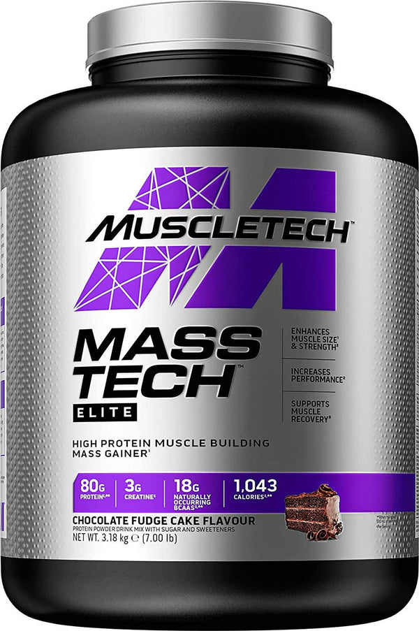 Mass Gainer Protein Powder, MuscleTech Mass-Tech Elite Weight Gainer, Max Protein Weight Gainer, Muscle Gainer Protein Powder for Men and Women, Creatine Supplements, Chocolate Fudge, 3.18 kg