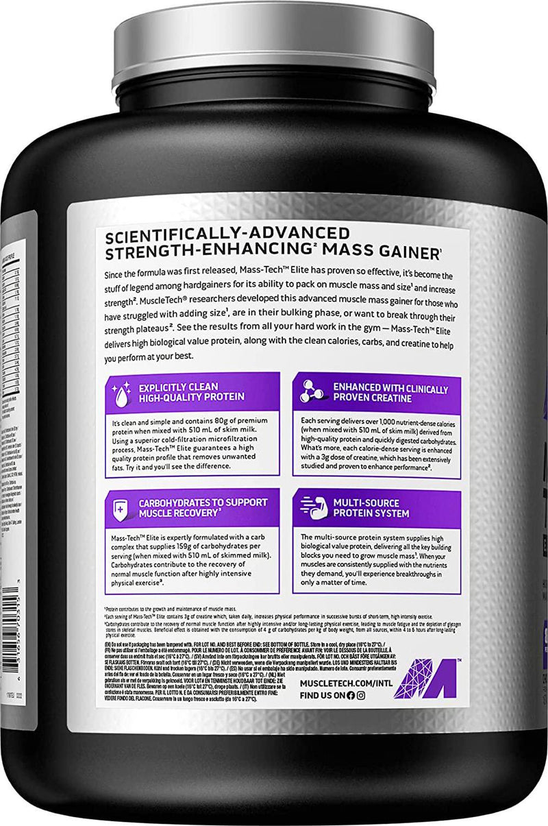 Mass Gainer Protein Powder, MuscleTech Mass-Tech Elite Weight Gainer, Max Protein Weight Gainer, Muscle Gainer Protein Powder for Men and Women, Creatine Supplements, Chocolate Fudge, 3.18 kg