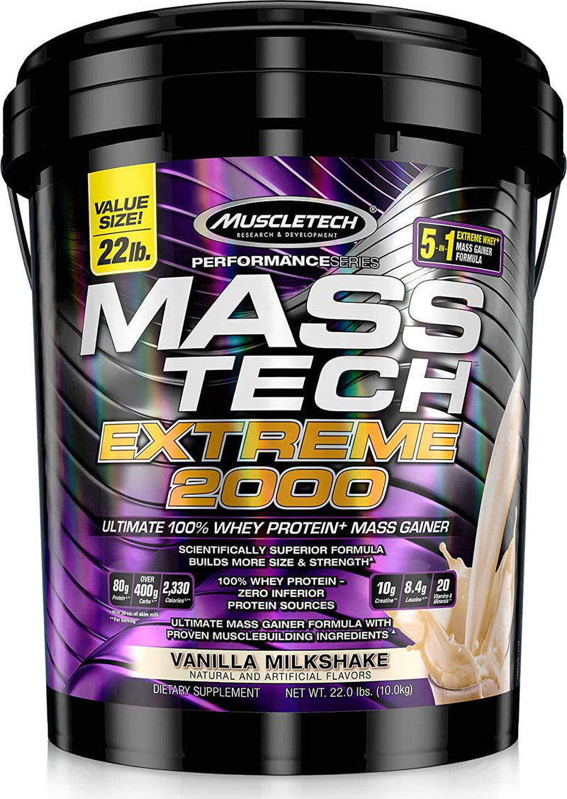 Mass Gainer Protein Powder, MuscleTech Mass-Tech Extreme 2000 Mass Gainer, Max Protein Weight Gainer, Muscle Gainer Protein Powder for Men and Women, Creatine Supplements, Vanilla Milkshake, 10 kg