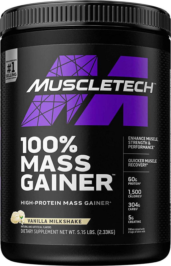 Mass Gainer Protein Powder, MuscleTech 100% Mass Gainer Weight Gainer, High Protein Mass Gainer, Muscle Gainer Protein Powder for Men and Women, Creatine Supplements, Vanilla Milkshake, 2.35 kg